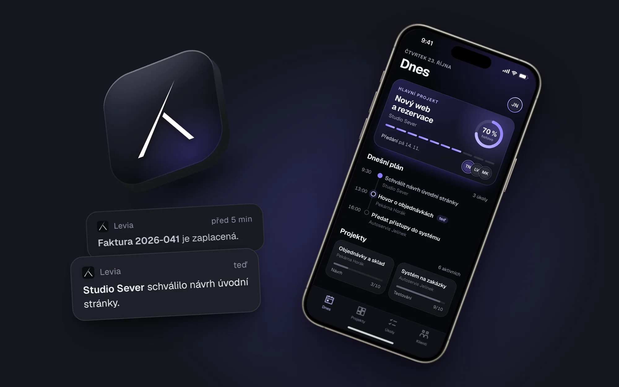 Ukázka mobilní aplikace na iPhonu: přehled dne s hlavním projektem, dnešním plánem a projekty týmu, vedle ikona aplikace a upozornění
