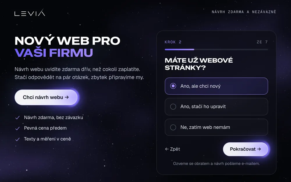 Funnel Levia: úvodní stránka s nabídkou návrhu webu zdarma a krok dotazníku