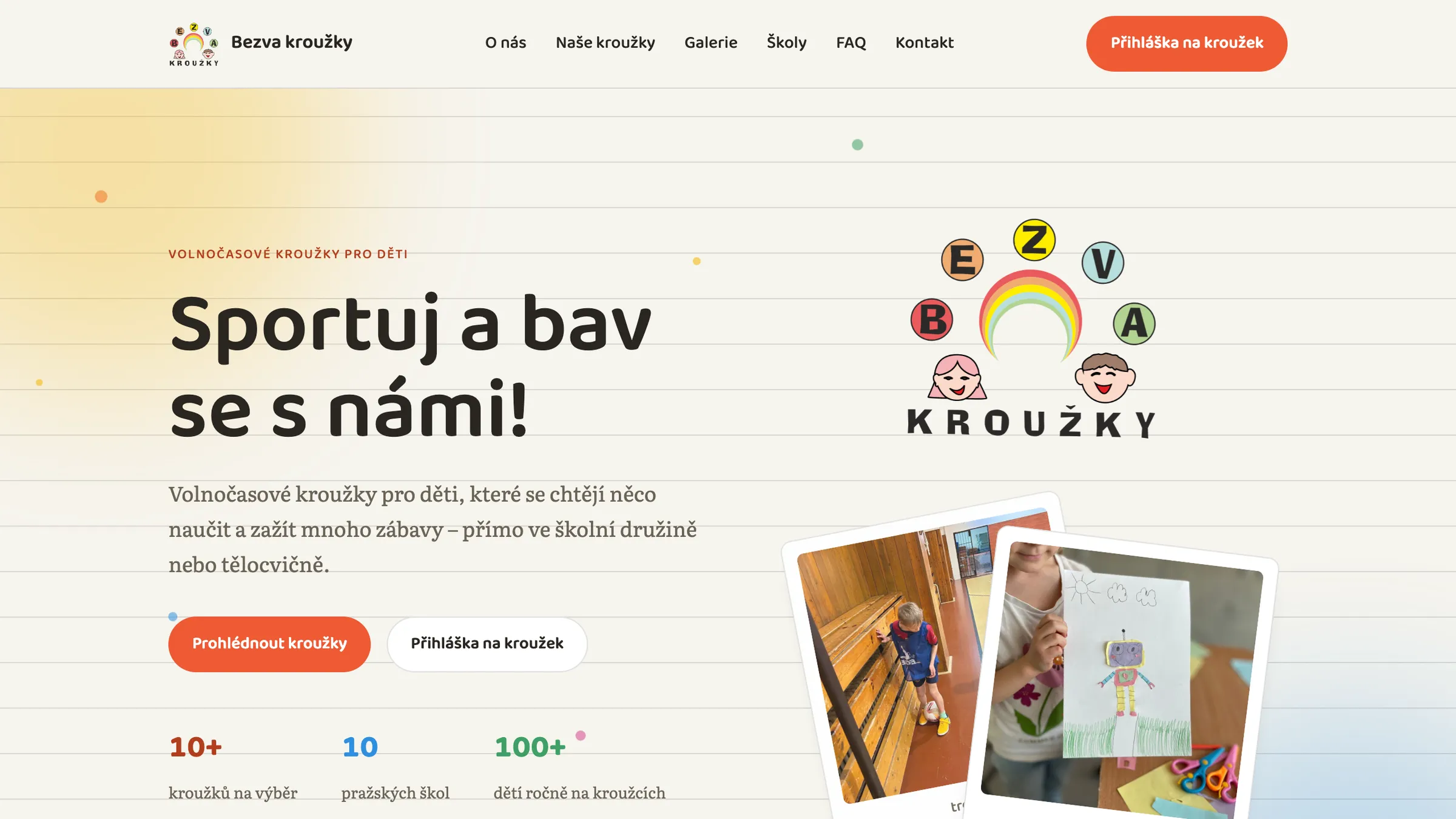 Úvodní stránka webu Bezva kroužky po úpravách od Levie