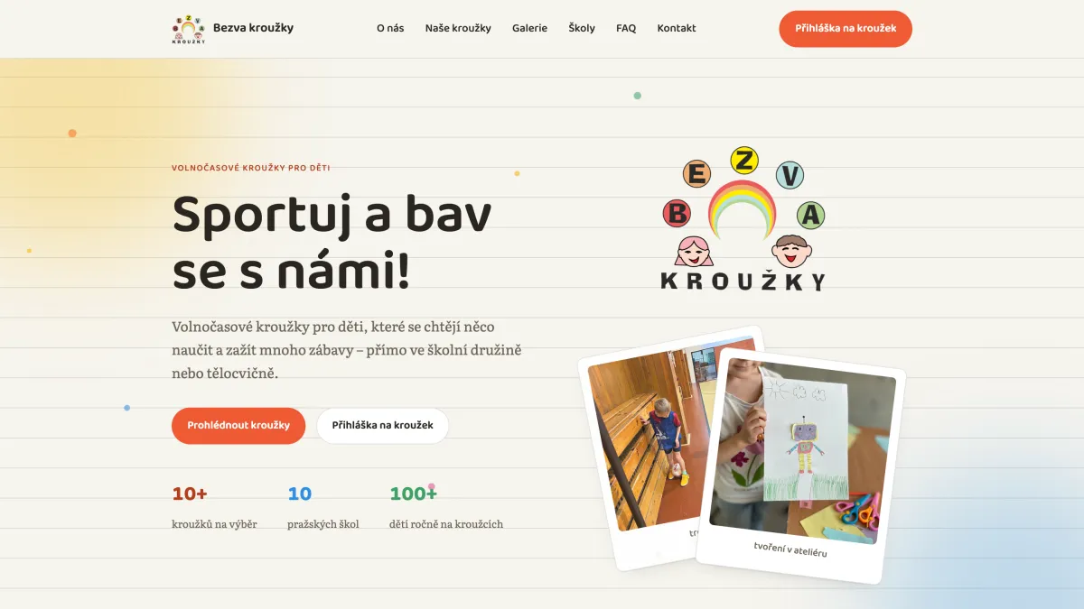 Úvodní stránka webu Bezva kroužky po úpravách od Levie